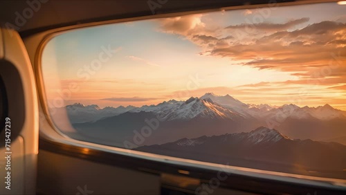 The ethereal beauty of a sunset over majestic mountains, as seen through the impeccably clean window of a private jet. photo