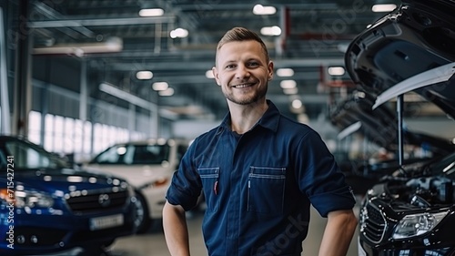 Confident mechanic smiling in auto repair shop with cars and open hood in background.
