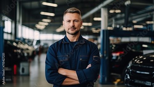 Confident mechanic with arms crossed standing in a modern auto repair shop.