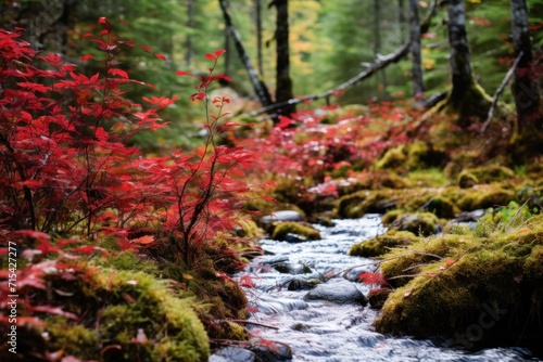  a stream running through a forest filled with lots of green and red plants and plants growing on the side of the stream.