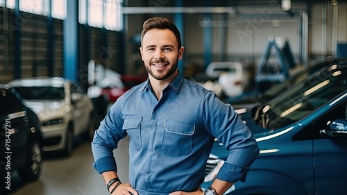 Confident mechanic with arms crossed standing in auto repair shop. photo