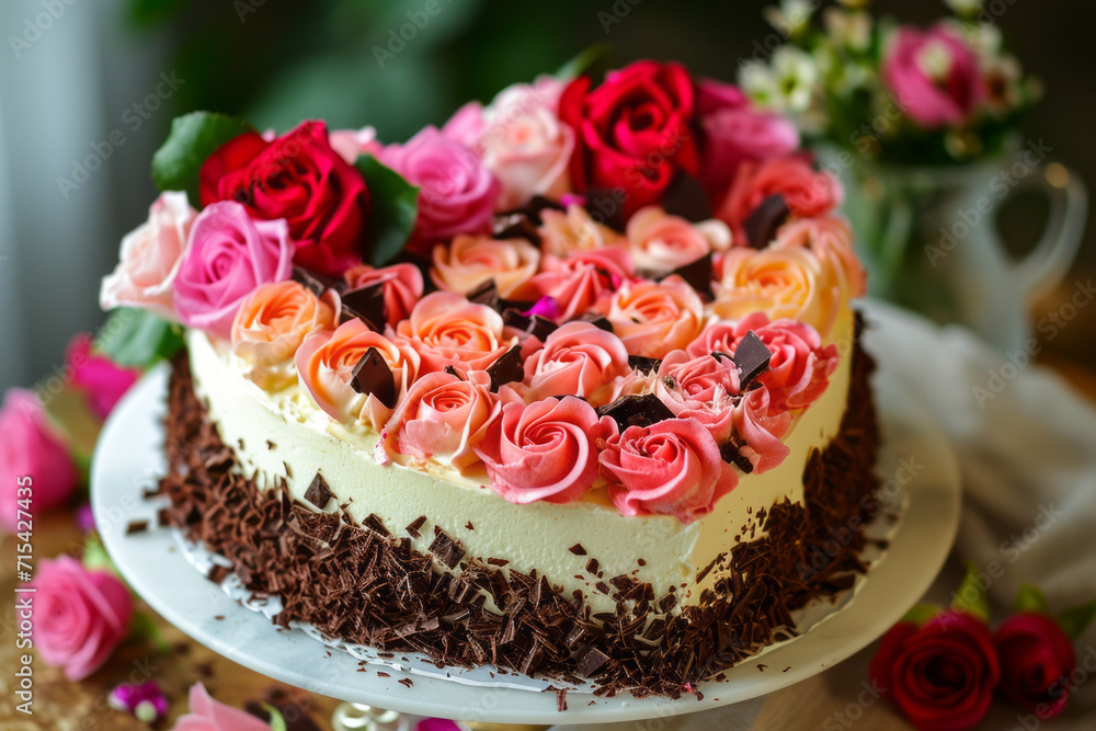 A heart-shaped cake adorned with vibrant red roses and delicate chocolate shavings. A heart-shaped cake adorned with vibrant red roses and delicate chocolate shavings.