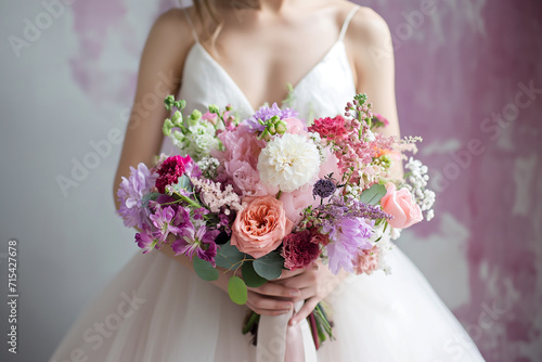 bride holding a large bouquet of flowers in her hands,Generative AI