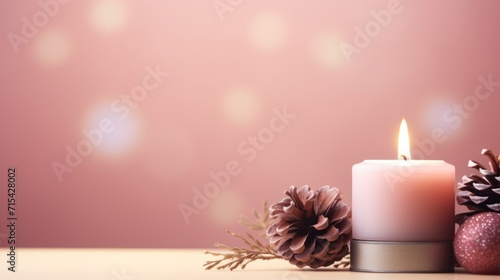  a lit candle sitting next to a pine cone and a christmas ornament on top of a wooden table.