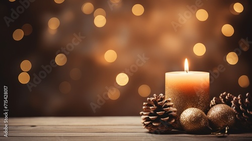  a lit candle sitting on top of a wooden table next to a pine cone and a christmas ornament. © Nadia