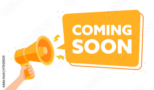 Hand Holding Megaphone Announcing COMING SOON with Vibrant Orange Banner Vector Illustration