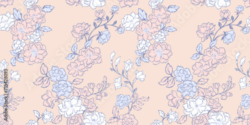 Vector hand drawn abstract, stylized, branches flowers internment in a seamless pattern. Creative gentle light pastel lines floral background. Template for textile, fashion, printing, design, fabric