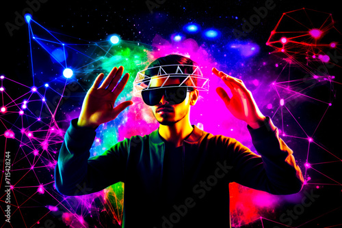 Man wearing mask with his hands up in front of colorful background