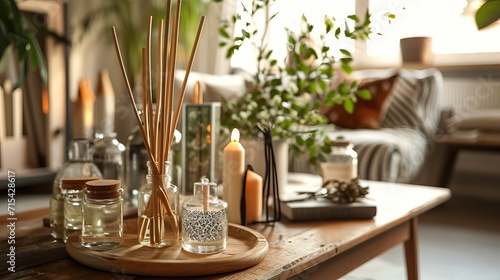 In the living room, a table with reed diffusers photo