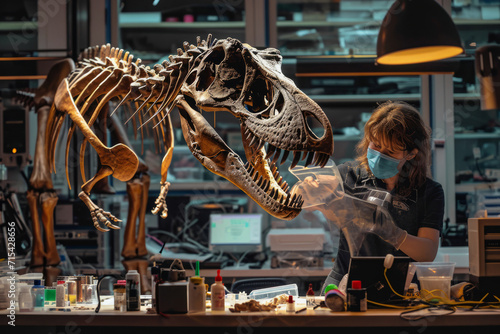 Scientists reconstructing a dinosaur skeleton in a laboratory, surrounded by modern technology, illustrating ancient history with scientific investiga © mihrzn