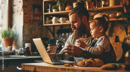 Tattooed father in the kitchen in the morning  having coffee and using laptop next to daughter near pastry