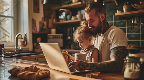 Tattooed father in the kitchen in the morning, having coffee and using laptop next to daughter near pastry
