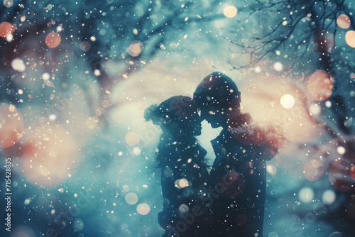 Dreamy image of snowflakes falling on silhouettes of two people, creating an ethereal and enchanting ambiance.