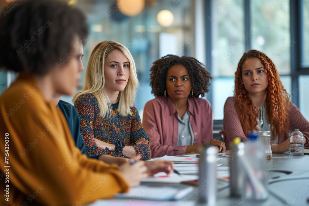A candid moment of a diverse group of women engaged in meaningful conversation at a round table, embodying empowerment and advocacy for gender equality. A candid moment of a diverse group of women engaged in meaningful conversation at a round table, embodying empowerment and advocacy for gender equality.