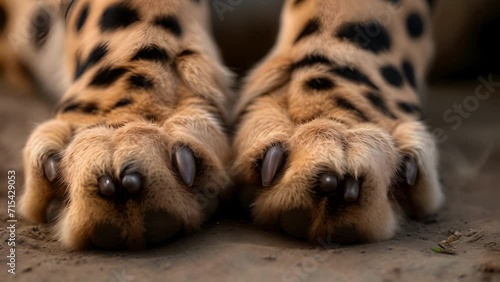 Closeup of a cheetahs powerful paws once used to chase down swift antelopes now malnourished and weak from the lack of prey photo