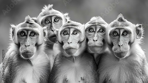 a group of monkeys with huge eyes sitting next to each other photo