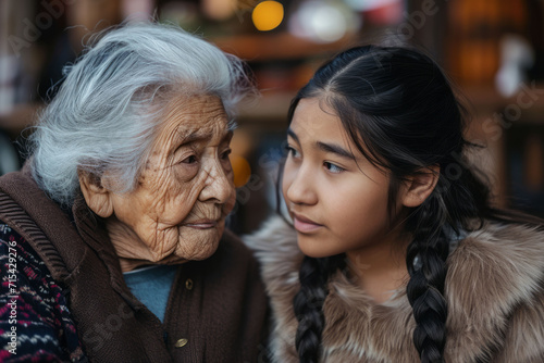 A portrait of woman sharing stories and wisdom with younger woman, showcasing intergenerational connections and empowerment.