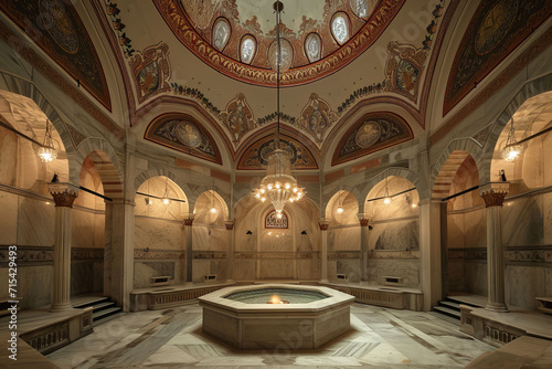 A traditional Turkish hammam  focusing on the central marble heated platform surrounded by intricate mosaics and ornate arches.