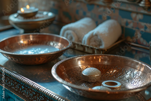 The elegance of a Turkish hammam by showcasing traditional bath accessories such as copper bowls, scrubbing mitts, and ornate soap dishes.
