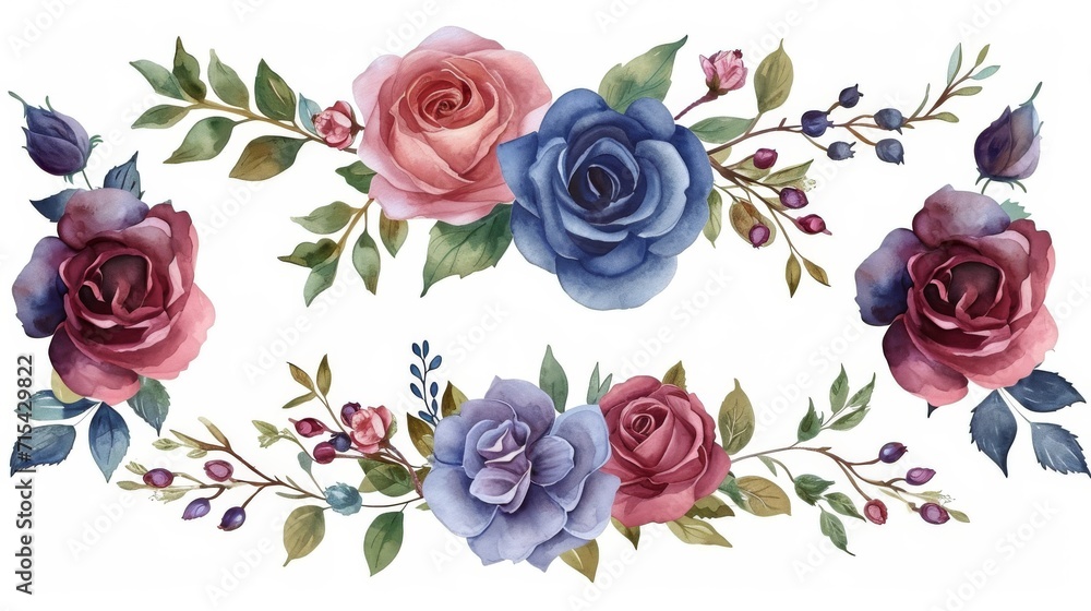 Watercolor Burgundy roses, twigs, leaves. For composition of roses, floral frame with roses on a white background