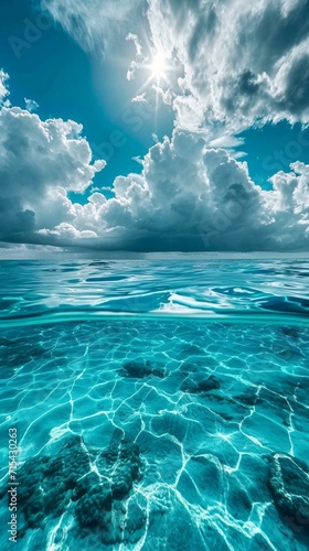 Above and below surface of the Caribbean sea with coral reef underwater and a cloudy blue sky.