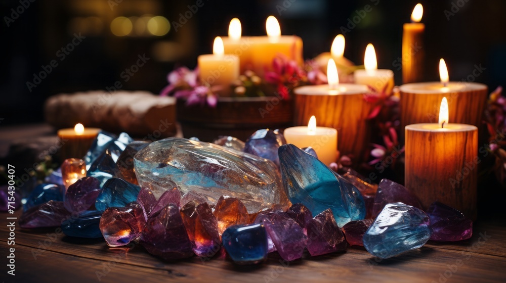 Spiritual mock - up Crystal healing with candles and sage Spiritual mock - up Crystal healing with candles and sage