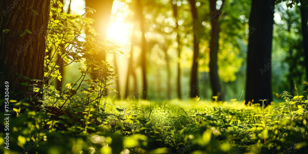 Fototapeta premium Sunlight Streaming Through Verdant Forest, Unfocused Green Trees and Wild Grass, Serene Summer Spring Natural Park Background