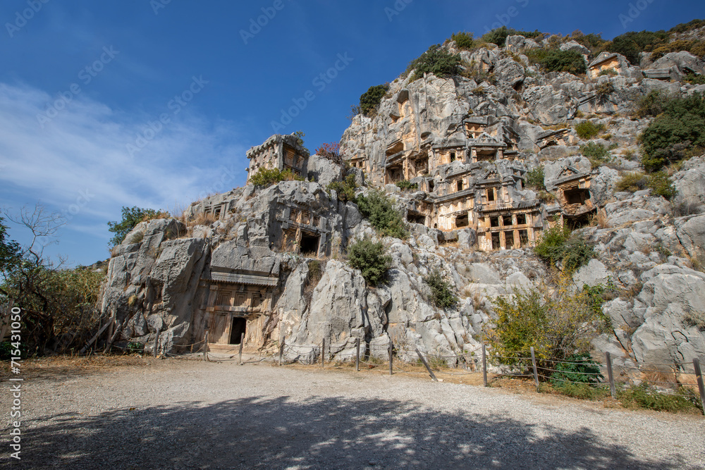 Ruins of the ancient city of Myra in Demre, Turkey. Ancient tombs and amphitheater.