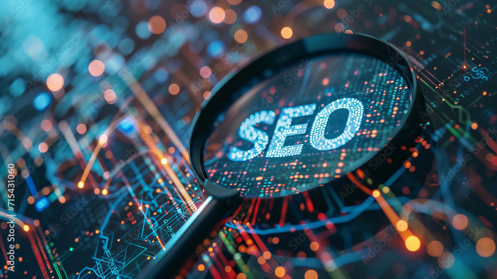 SEO sign seen through a magnifying glass over a vibrant circuit board, web analytics and keywords research in search engine optimization and digital marketing concept. - obrazy, fototapety, plakaty 