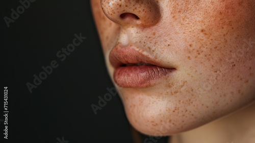 Close-up of a woman's body covered in freckles and pigmentation against a dark background