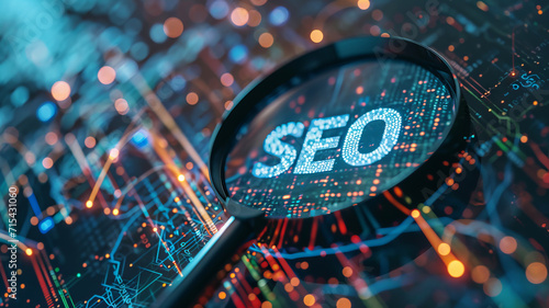 SEO sign seen through a magnifying glass over a vibrant circuit board, web analytics and keywords research in search engine optimization and digital marketing concept. photo