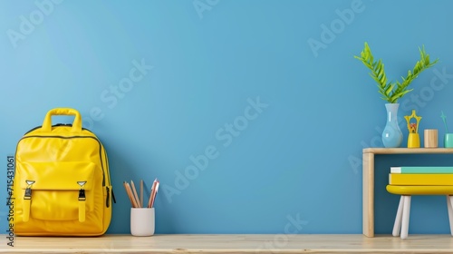3D Rendering School desk with school accessory and yellow backpack on blue background photo