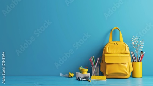 3D Rendering School desk with school accessory and yellow backpack on blue background