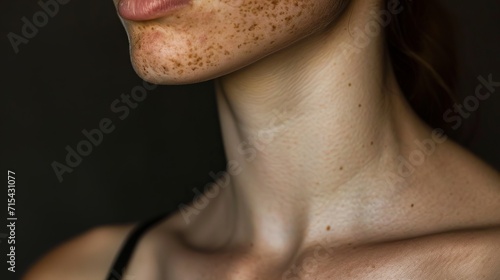 Close-up of a woman s body covered in freckles and pigmentation against a dark background