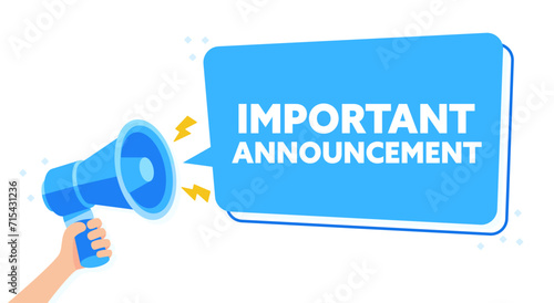 Vibrant Blue Megaphone Announcement Illustration for IMPORTANT ANNOUNCEMENT with Hand Holding Sign