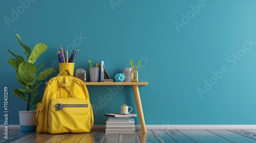 3D Rendering School desk with school accessory and yellow backpack on blue background photo