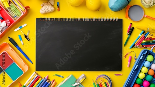 3D Rendering Supplies for school border on black chalkboard on yellow background