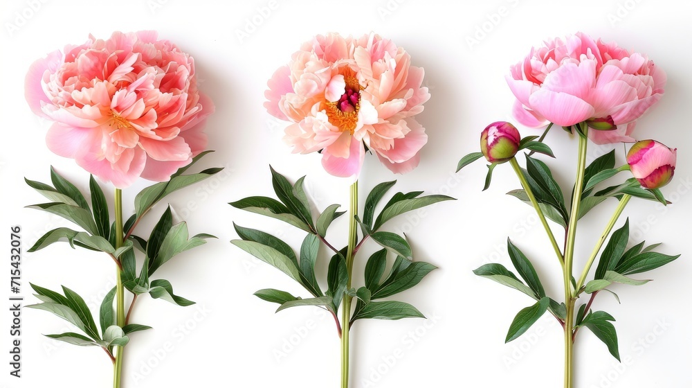 Set of beautiful peony flowers on white background