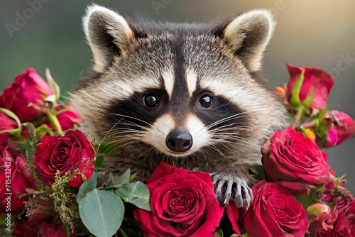A cute racoon hiding in a bouquet of roses