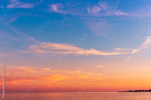 view at sunrise or sunset in sea with nice beach   surf   calm water and beautiful clouds on a background of a sea landscape