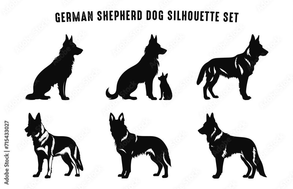 German Shepherd Dog Silhouettes vector Set, Dogs breed Black Silhouette Bundle