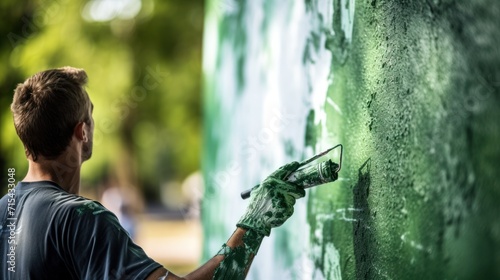  a man is painting a green wall with a paint roller and a pair of green gloves on his left hand.