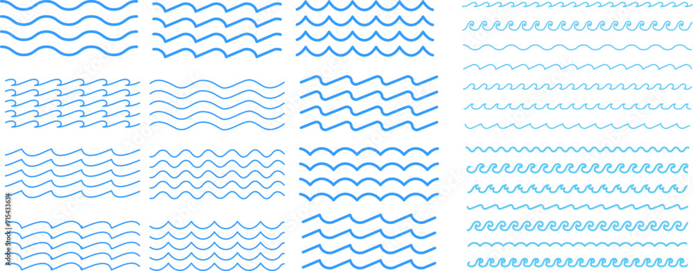 Water wave, sea wave set. Zigzag line. Water logo, symbol vector collection.  Vector illustration - obrazy, fototapety, plakaty 