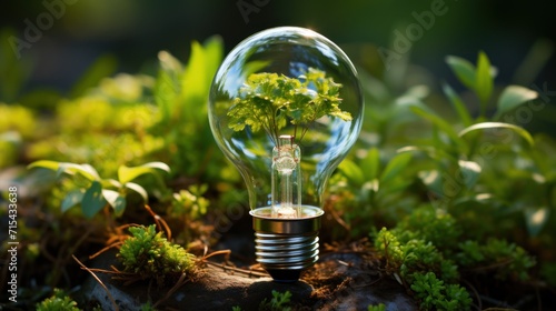  a light bulb with a plant inside of it sitting in the middle of a patch of grass and plants growing inside of it.