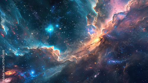 Abstract space vista, with ethereal nebulae and glittering distant galaxies