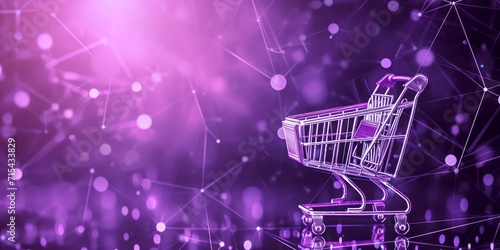 One trolley shopping or sale cart placed over connection purple background with copy space. © Dragan