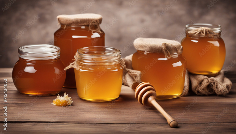 Jars with honey on wooden table against dark background Jars with honey on wooden table against dark background