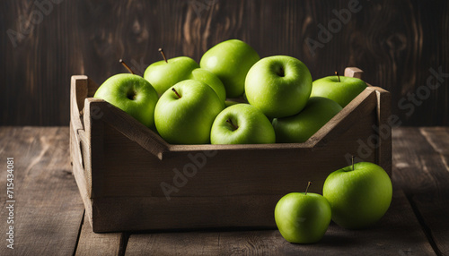 Green apples in a wooden punnet on dark background photo