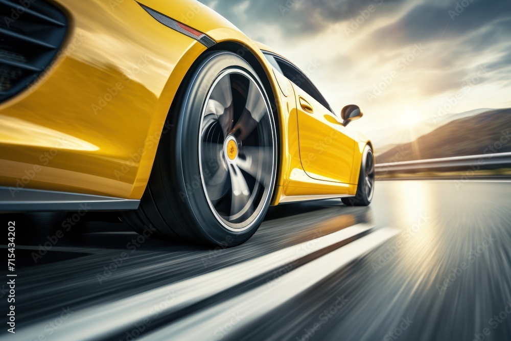  a close up of a yellow sports car driving on a road with the sun shining on the side of the car.