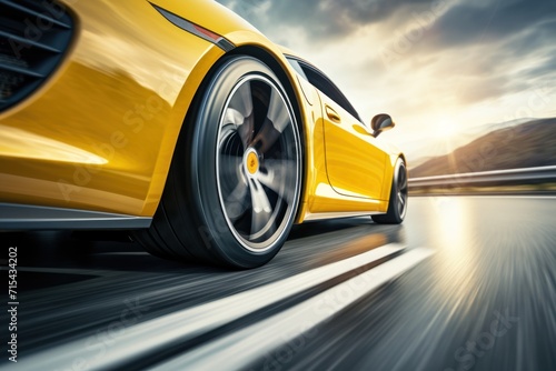  a close up of a yellow sports car driving on a road with the sun shining on the side of the car. © Nadia